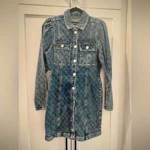 River Island RI College Denim Shirt Jacket Monogram Printed Button Dress (UK 12)